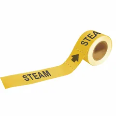 Yellow adhesive pipe marker with black 'Steam' legend and directional arrows. Designed for pipes with outer diameter of 1-1/2 to 2 inches. Supplied in rolls of 25 markers for identification of steam piping in industrial facilities.