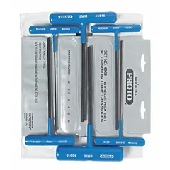 This T-shaped hex key set includes 6 pieces of metric, standard-end, long keys with a black oxide finish. Designed for tightening or loosening hex socket fasteners, the long-reach configuration provides access in confined spaces and allows for higher torque application in assembly and maintenance tasks.