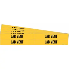 These adhesive pipe markers feature a yellow background with black 'Lab Vent' legend for identifying laboratory ventilation piping. Each marker fits pipe outer diameters from 3/4 to 2-3/8 inches. Supplied in a pack of 4 markers without arrows, with 5 packs per order.