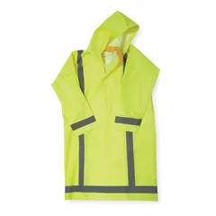 This CONDOR rain jacket is a Class 3 high-visibility garment made of PVC, featuring a shin-length cut and snap closure. It includes a detachable hood and two pockets, suitable for outdoor work and industrial environments requiring weather protection.
