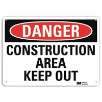 Aluminum sign with mounting holes for permanent installation. Nominal size 10 x 14 inches, 0.04 inch thick. Not retroreflective or glow-in-the-dark. Suitable for marking restricted areas and construction zones in industrial and commercial settings