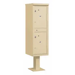 Vertical parcel locker with two front-access lockable doors. Pedestal mounting design for secure package storage in multi-tenant buildings, offices, or facilities. Measures 62 inches high by 16 inches wide by 18 inches deep. Beige finish.