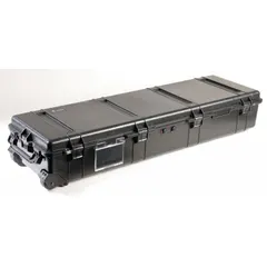 This PELICAN standard long case is constructed from plastic and features a padlock closure for secure storage. It includes four wheels for mobility and is supplied without foam, allowing custom padding for sensitive equipment. Typical applications include transporting cameras, tools, or instruments in industrial, field-service, and logistics settings.