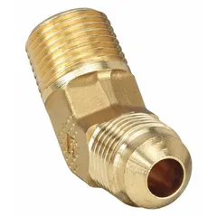 This brass 45-degree flare tube fitting elbow connects 3/8 in OD tubing to 3/8 in pipe thread. It is flared/threaded type, meeting SAE J512 standards. Suitable for use in hydraulic, pneumatic, and fluid-handling systems. Supplied as a 10-pack.