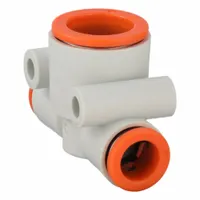 This SMC push-fit tee fitting is made of polybutylene terephthalate and connects three tubes with outer diameters of 5/16 in, 5/16 in, and 1/2 in. It is used to create branch connections in pneumatic systems, allowing tool-free installation for air lines and automation equipment