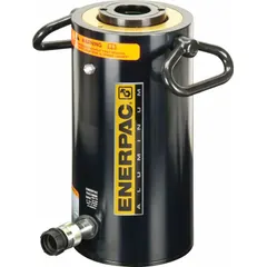 Single-acting hollow ram with 65.6 ton nominal capacity, 2 in stroke, and 2.13 in bore. Designed for pulling, pushing, and lifting applications where a rod must pass through the cylinder. Compact and portable for high-force tasks in construction, bridge maintenance, and heavy equipment repair.