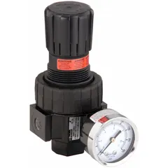 Zinc-body compressed air regulator with 1/4 in NPT ports. Flow capacity of 53 cfm and adjustable outlet pressure from 2 psi to 125 psi, with maximum operating pressure of 125 psi. Used in pneumatic systems to control and stabilize downstream air pressure for equipment such as actuators, valves, and tools.