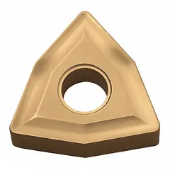 Trigon (W) indexable turning insert made of CVD cermet for medium to light cutting applications. Used for turning, facing, and profiling operations on metal workpieces. The trigon shape provides strong cutting edges and good chip control.