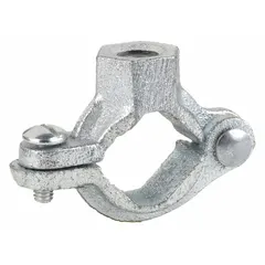 Zinc-plated malleable iron split-ring hanger for supporting 3/8 in pipe. Rated for 180 lb load capacity and designed for use with 3/8 in threaded rod. Commonly used in suspended piping systems for tube and pipe runs.