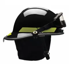 This BULLARD fire helmet features a modern rear brim design and a black finish. It includes a chin strap and a 6-Point Sure-Lock(R) Ratchet suspension system for secure fit adjustment. Suitable for firefighting and emergency response operations requiring head protection.