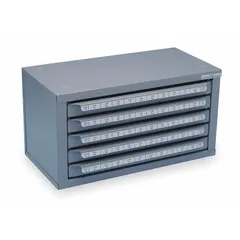 Tap chest with 60 compartments for organizing taps from #2-56 to #12-28. Used in machine shops and maintenance facilities to keep taps sorted, protected, and easily accessible, reducing setup time and preventing damage.