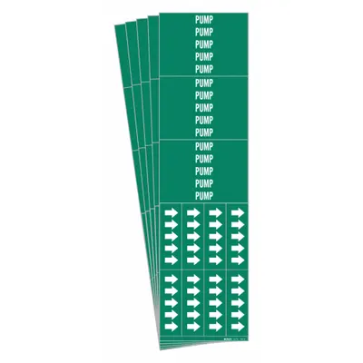 BRADY Pipe Marker: Pump, Green, White, Fits 3/4 in and Smaller Pipe O.D., 3 Pipe Markers - Pump Adhesive Pipe Markers