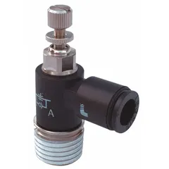 This miniature elbow-style flow control valve from LEGRIS features a 6 mm valve body and 6 mm tube connection. It is a screw-type, meter-out valve designed for regulating exhaust air flow in pneumatic systems. Constructed from technical polymer, it is suited for precise speed control of actuators in compact automation equipment.