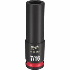 This 3/8" drive impact socket features a 7/16 in SAE size with a 6-point deep design and friction retention. The Black Phosphate finish provides corrosion resistance. Suitable for high-torque fastening in automotive, construction, and industrial maintenance applications.