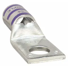 Standard-type copper compression lug for terminating 4/0 AWG stranded copper wire. Single-hole barrel design accommodates a 1/2 in stud. Used in industrial power distribution, motor controls, and switchgear installations.