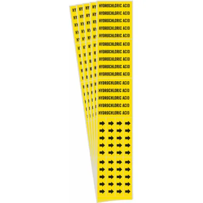 BRADY Pipe Marker: Hydrochloric Acid, Yellow, Black, Fits 3/4 in and Smaller Pipe O.D. - Hydrochloric Acid Adhesive Pipe Markers