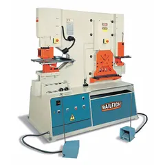 The BAILEIGH INDUSTRIAL SW-95 is a hydraulic ironworker with three stations and 123 Tonf of hydraulic force. It is used for punching, shearing, and notching metal in fabrication settings. The machine handles angle shear, flat bar up to 16 in x 0.75 in, notching up to 4.1 in x 4.1 in x 0.5 in, and punching up to 1-1/16 in x 3/32 in.