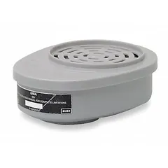 Black bayonet-mount air-purifying respirator cartridge with NIOSH Organic Vapor (OV) rating. Sold in a 2-pack. Compatible with MSA Advantage 420 Series reusable respirators. Used for protection against organic vapors in industrial environments.