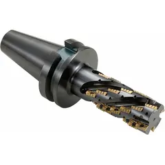 This indexable square-shoulder end mill features a helical flute design and integral arbor for rigidity in heavy-duty milling. Suitable for slotting, profiling, and shoulder cutting in ferrous and non-ferrous materials. The TBT50 taper shank and 63 mm diameter support high-feed applications on machining centers.