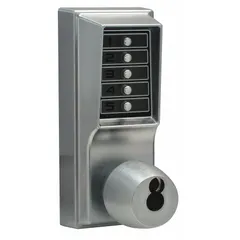 Mechanical push button lockset in chrome finish with replaceable core Corbin/Russwin key override. No electrical power required. Suitable for high-traffic doors in industrial and commercial facilities where keyless code entry is desired.