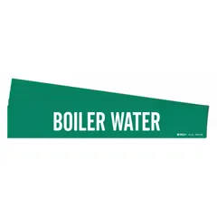 Green pipe marker with white legend text reading 'Boiler Water' without arrows. Designed for pipe outer diameters of 8 inches and larger. Each pack contains 5 adhesive markers. Used for identifying boiler water piping in industrial facilities.