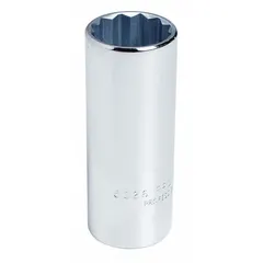 This 1/2" drive hand socket features a 3/8" socket size with a 12-point deep profile and chrome finish. It is not tether capable. Suitable for turning fasteners in industrial maintenance, assembly, and repair applications.