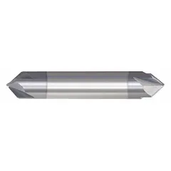 This double-end carbide chamfer mill features a 90° included angle for creating chamfered edges, deburring, and beveling on metal workpieces. With 4 flutes and AlTiN coating, it is suited for machining hardened steels and cast iron. The tool has a 1/2" mill diameter and 3" overall length.