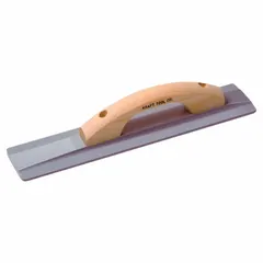 Square, beveled-edge magnesium blade with a wood handle. Broken-in for immediate use. Used for smoothing and leveling fresh concrete on slabs, sidewalks, and flatwork.