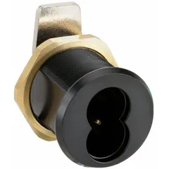 Chrome-plated cam lock with interchangeable core for quick rekeying. Clockwise unlock rotation. Suitable for securing cabinets, panels, and enclosures in industrial and commercial applications.