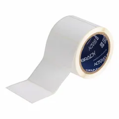 Inkjet print-receptive acrylic label roll with permanent adhesive, containing 550 precut labels measuring 2 by 3 inches. Designed for use with Brady J4000 printer series. Suitable for industrial identification tasks such as labeling equipment, pipes, and assets where permanent marking is required.