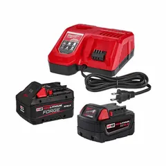 This starter kit includes two M18 18V DC batteries (5 Ah and 8 Ah) and a charger. The oil-resistant housing protects against job-site contaminants. Powers M18 cordless tools such as drills, saws, and impact wrenches.