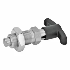 Locking T-handle indexing plunger with jam nut for precise positioning and locking of moving parts in jigs, fixtures, and indexing tables. Features an 18-8 stainless steel body and plunger, M20x1.5 thread, and spring force range of 11.5 N to 40 N.