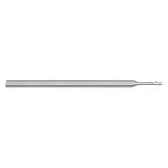 This 3-flute carbide end mill features a 1/16" mill diameter, 3/32" length of cut, and a 0.003" chamfer. The reduced-neck design provides clearance for deep cavity work. It is used for creating precise chamfers on workpiece edges in general machining applications.
