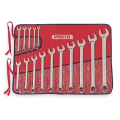 This 15-piece SAE 12-point combination wrench set features a chrome finish and a 15° offset head angle for improved access in confined spaces. The wrenches are constructed from alloy steel and include a canvas pouch for storage. Suitable for tightening and loosening fasteners in general mechanical applications.