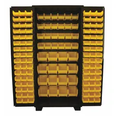 Assembled steel cabinet with 136 yellow bins, including 96 bins sized 3 in x 4-1/8 in x 7-1/2 in. Features a 14 ga panel, shelf-and-bin style, and black powder-coated finish. Suitable for organizing small parts, fasteners, and tools in industrial workshops, warehouses, and maintenance facilities.