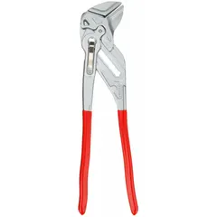Flat-jaw tongue and groove pliers with push-button adjustment, 25 jaw positions, 3 3/8 in max jaw opening, and 16 in overall length. Used for gripping, turning, and holding nuts, bolts, and pipes in maintenance and mechanical work.