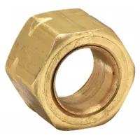Brass compression fitting nut designed for 3/8 in OD tubing. Self-aligning feature ensures proper assembly. Suitable for creating leak-tight connections in fluid power and pneumatic systems. Supplied in packs of 100