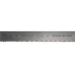 Bi-metal band saw blade for cutting steel and steel alloys. Features a Maverick(R) design with raker/variable cutting edge. Blade width 1 in, length 14 ft 10 in. Suitable for industrial metalworking applications requiring efficient chip removal.