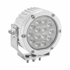 White-housed LED floodlight with bolt mount and removable installation. Features a DT06 pigtail with integrated Deutsch-Style DT04 electrical connection. Provides broad-area illumination for vehicle-mounted work lighting on trucks, tractors, trailers, and off-road equipment.