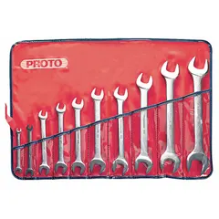 This 10-piece set of double-end open end wrenches is made of alloy steel with a satin finish. The wrenches cover SAE head sizes from 1/4 in to 1 1/8 in, suitable for tightening and loosening hex fasteners in industrial maintenance, automotive repair, and mechanical assembly. The set is organized in a vinyl pouch for storage.