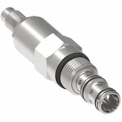 Steel pressure control cartridge valve with cap adjustment. Features a C-10-3 valve cavity size and nitrile seals. Used in hydraulic systems to regulate and limit pressure in mobile and industrial equipment.