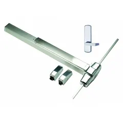 Stainless steel surface vertical rod push bar with touchbar and dummy pull for doors up to 3 ft wide. Provides push-pad egress for commercial door applications where vertical rod latching is required.