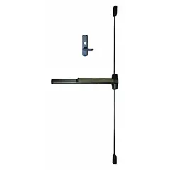 Bronze surface vertical rod exit device with touchbar and lever trim. Designed for doors up to 3 ft wide, right-hand reverse configuration. Used on commercial doors to provide egress by releasing top and bottom rods when the push bar is actuated.