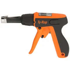The TY-RAP ERG50 is an adjustable-tension tool designed for nylon cable ties with a width range of 0.0945 in to 0.189 in. It features pre-set tension steps for consistent, repeatable fastening. The ergonomic polymer construction reduces operator fatigue. Typical applications include wire bundling, panel assembly, and general cable management.