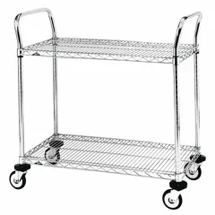 This two-shelf utility cart features chrome wire shelves with a flat orientation and shallow lips to contain items during transport. Equipped with four swivel casters for maneuverability, it is suited for moving supplies and equipment in warehouses, kitchens, and maintenance areas. The cart measures 26 inches long by 18 inches wide by 38 inches high and supports up to 375 pounds.