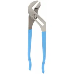 Groove-joint pliers with flat jaws for gripping and turning flat surfaces. Overall length 10 in, maximum jaw opening 2 in, with 7 adjustable positions. Suitable for plumbing, automotive, and general maintenance tasks requiring a secure, adjustable grip.