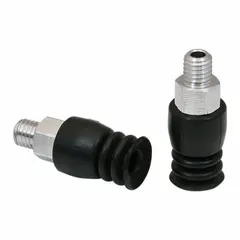 Multi-bellows vacuum pad assembly with 2.5 folds, designed for handling delicate or uneven workpieces. Features M5 connection, 9.5 mm pad diameter, 20 mm pad height, NBR material with 55 Shore A hardness, and black color. Suitable for pick-and-place operations in electronics assembly and other automated handling systems.