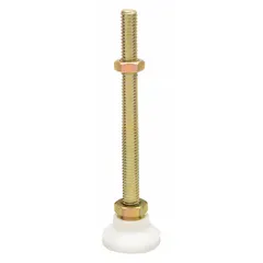 Swivel male leveling mount with 1/2"-13 thread, 1.88 in type, and 700 lb capacity. Yellow zinc-plated finish, round base, 3/4 in hex size. Includes jam nut and mounting holes. Used for leveling and stabilizing machinery, conveyors, and workstations on uneven floors.