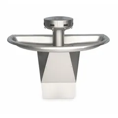 The BRADLEY Sentry S93-633 is a sensor-operated wash fountain with a semi-circular stainless steel bowl in silver. It features four stations and an overall width of 54 inches. The unit is ADA compliant and includes an off-line vent drain supplied from above. Suitable for high-traffic commercial restrooms requiring touchless handwashing.