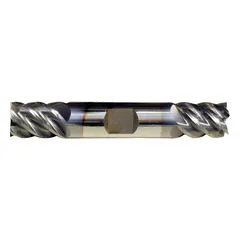 Double-end carbide square end mill with 3/8" cutting diameter, 1/2" length of cut, and 2-1/2" overall length. Features 5 flutes for efficient chip evacuation and surface finish. Suitable for slotting, profiling, and contouring operations in ferrous and non-ferrous materials.